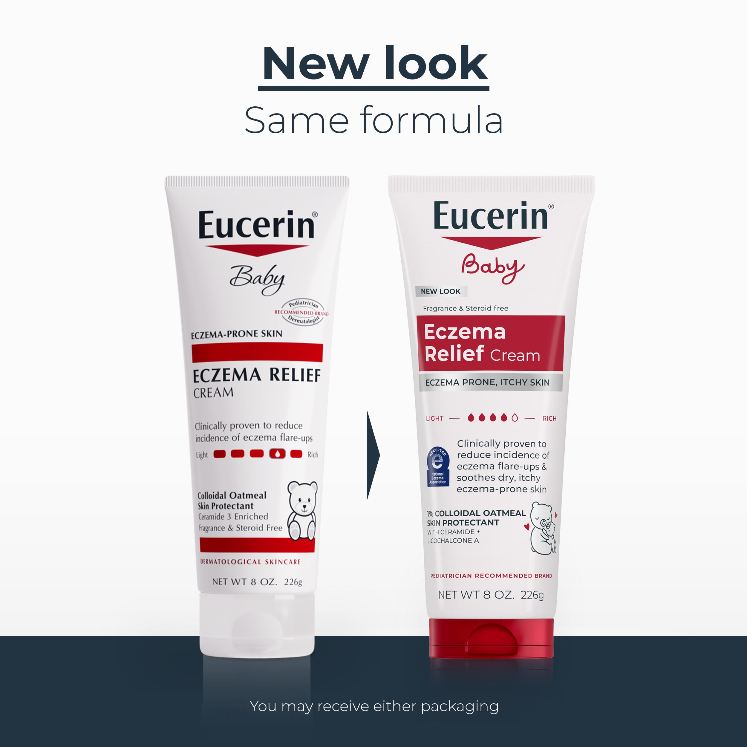 Eucerin Baby Eczema Relief Cream showing product labels highlighting colloidal oatmeal and ceramide-3 ingredients