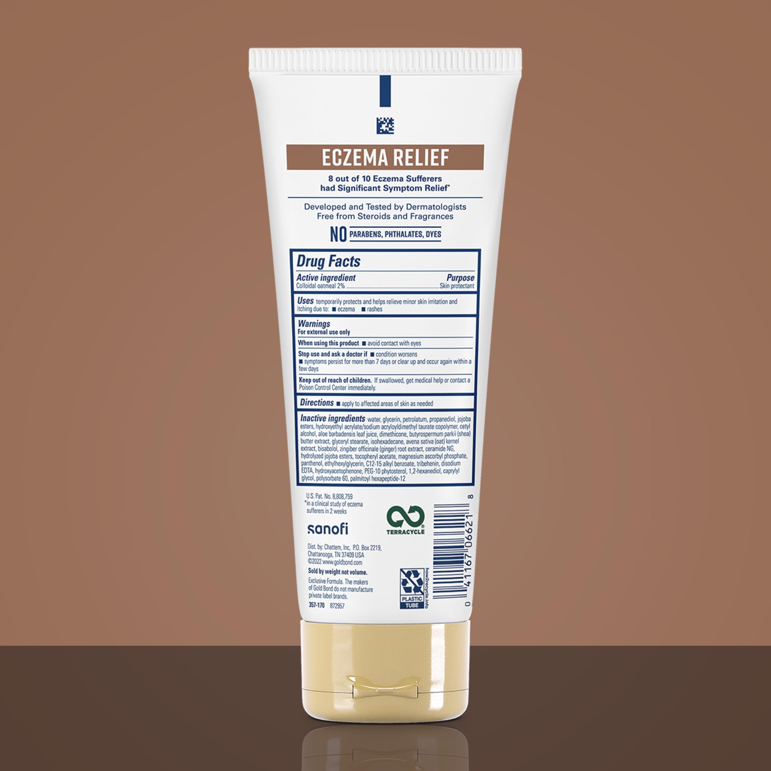 Gold Bond colloidal oatmeal eczema lotion tube showing product details and active ingredients.