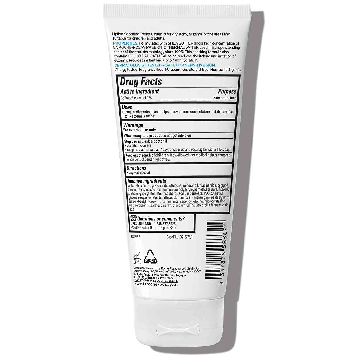 La Roche-Posay Lipikar Eczema Lotion displaying back panel ingredients and colloidal oatmeal facts