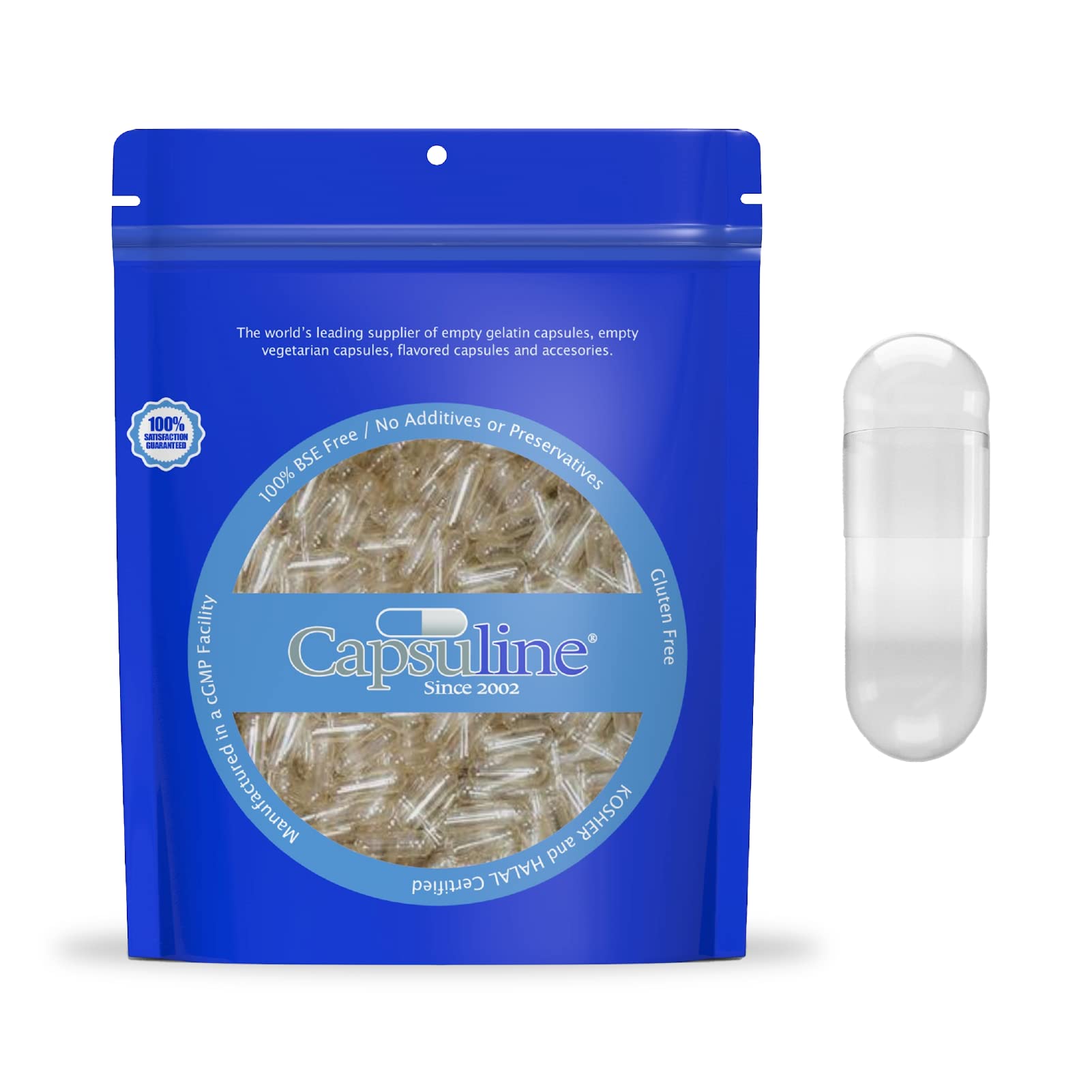 Close up of clear empty gelatin capsule size 0 pieces