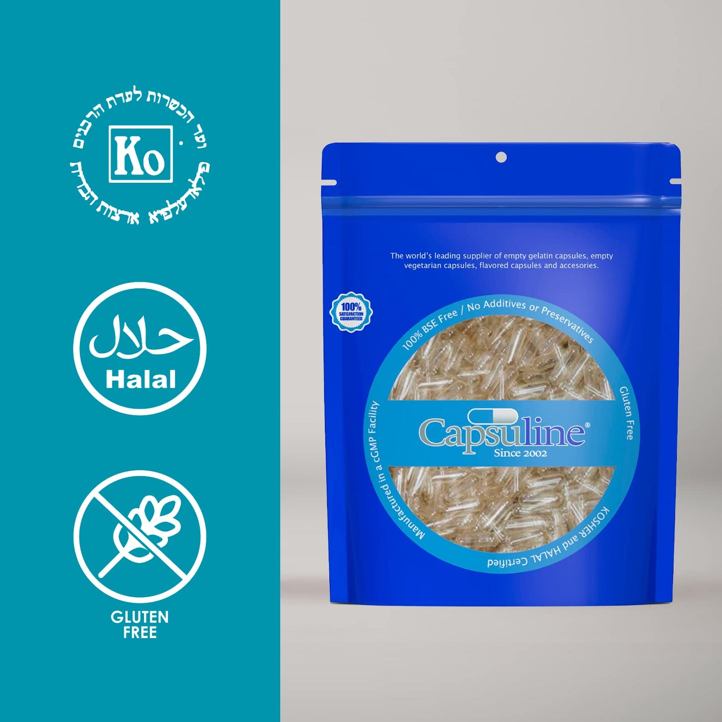 Kosher and Halal certified labeling on Capsuline supplement capsules