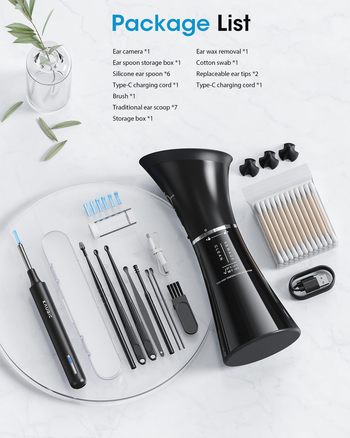 Complete packaging box and included accessories for the Kaugic ear care kit