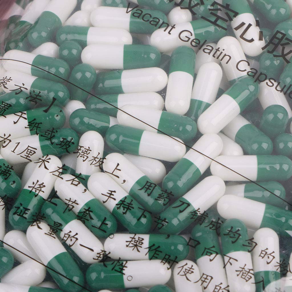 Pack of 1000 size 0 green and white gelatin capsules