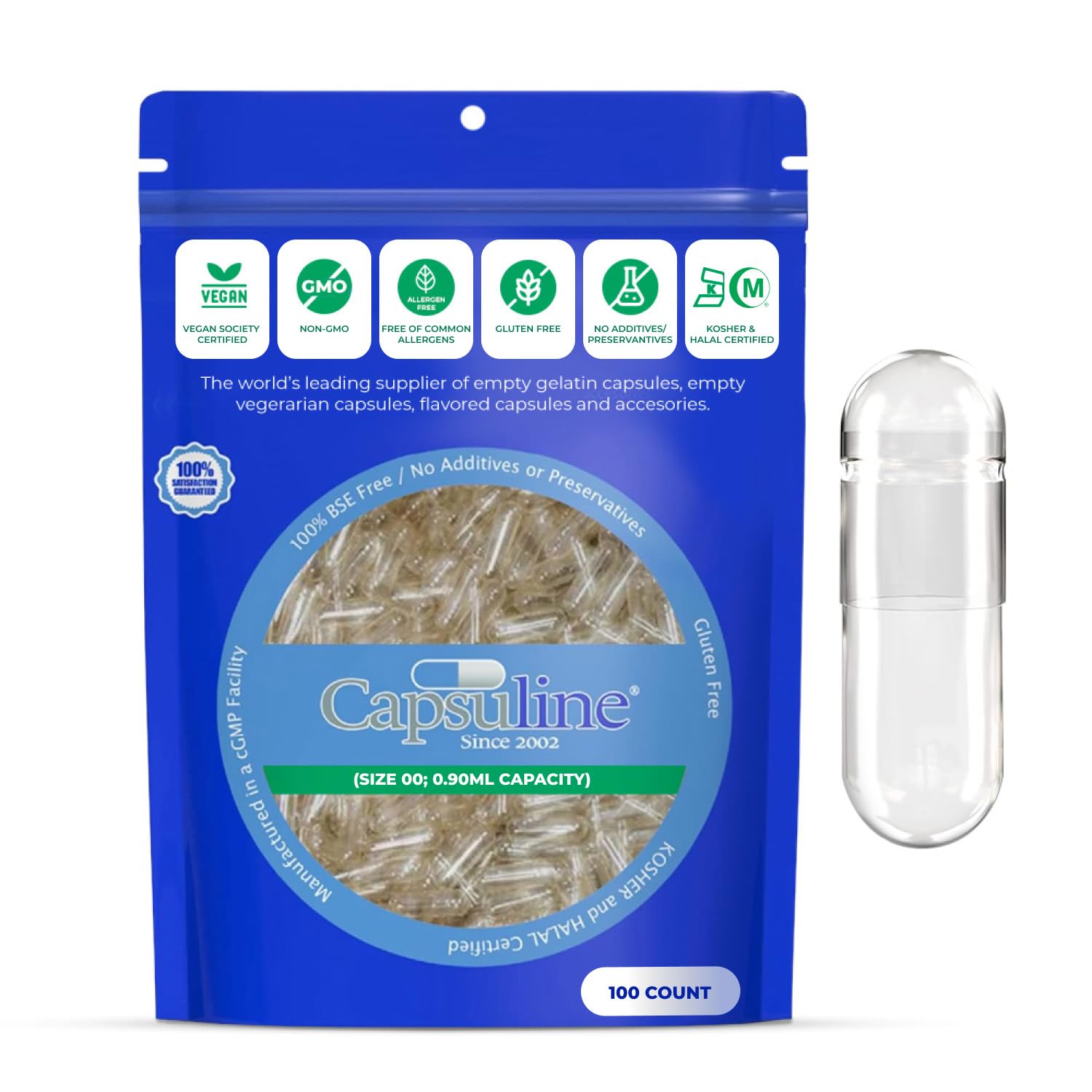 Close up of Capsuline 00 empty vegan pill capsules