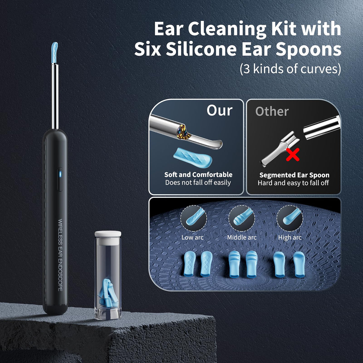 Aifini otoscope set featuring replacement silicone spoons in a storage container