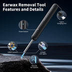 Aifini ear wax cleaning device displayed alongside USB charging cable and accessories