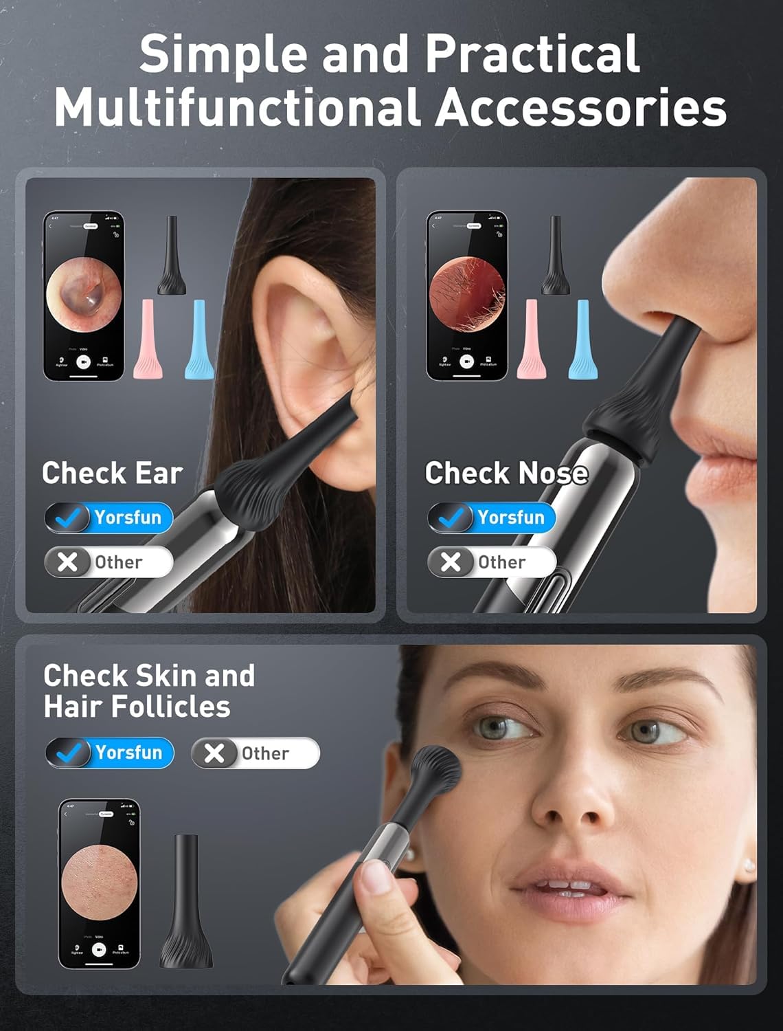 Close-up of the Yorsfun 1080P HD camera otoscope wand with LED lights