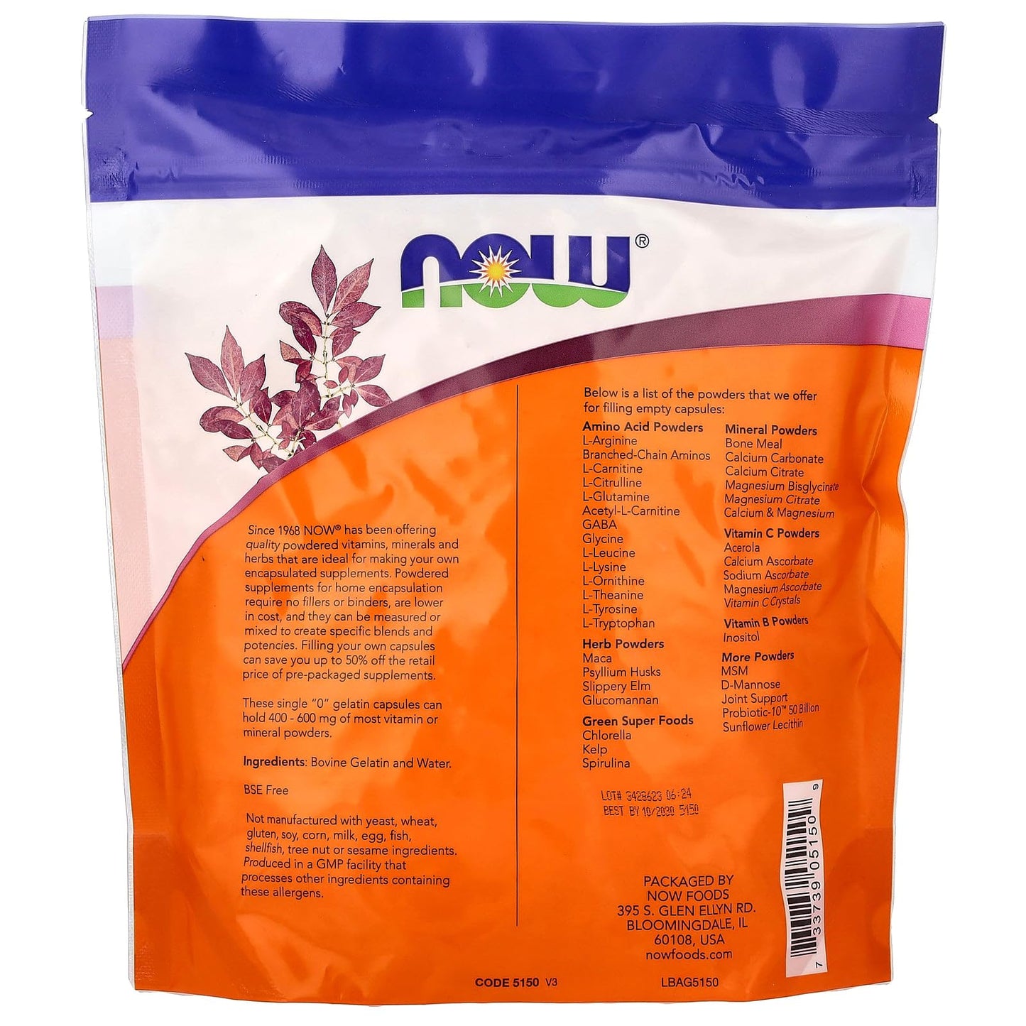 NOW Foods size zero empty bovine capsules packaging showing supplement facts label