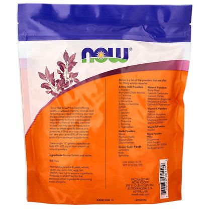 NOW Foods size zero empty bovine capsules packaging showing supplement facts label