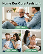 Rechargeable USB charging cable and complete 8-piece ear cleaning set layout.