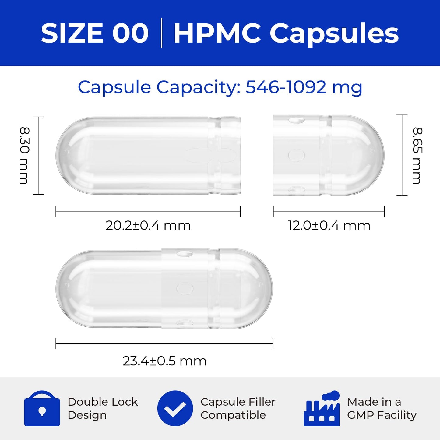 Close up of Atlemisme size 00 vegetable capsules in clear packaging