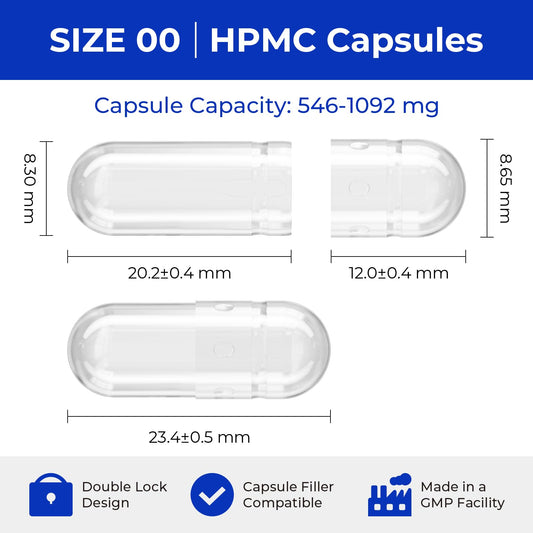 Close up of Atlemisme size 00 vegetable capsules in clear packaging
