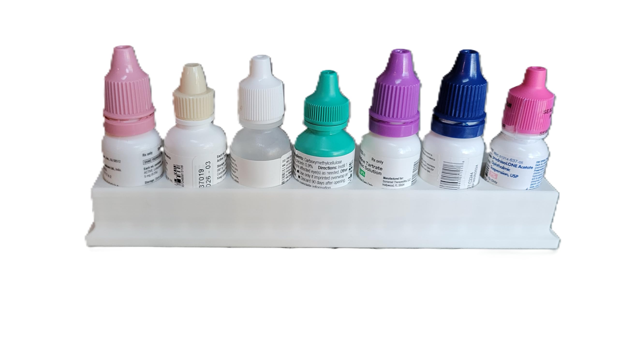 Close up of the Monday to Sunday tracking labels on the premium imported eye drop holder.