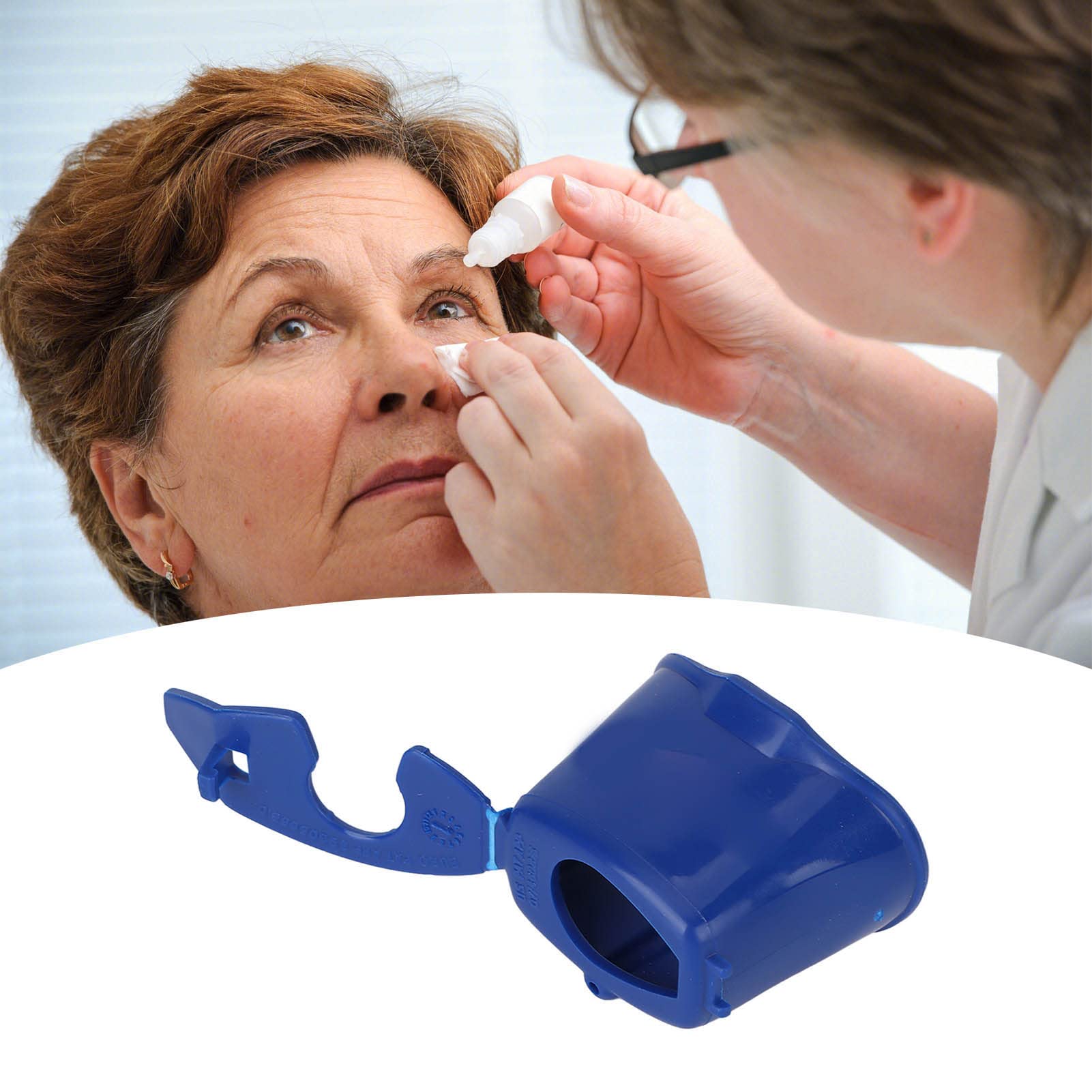 Dioche eye drop dispenser guide with a standard medicine bottle inserted into the universal adapter