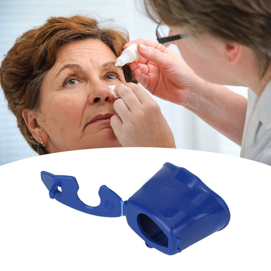 Dioche eye drop dispenser guide with a standard medicine bottle inserted into the universal adapter