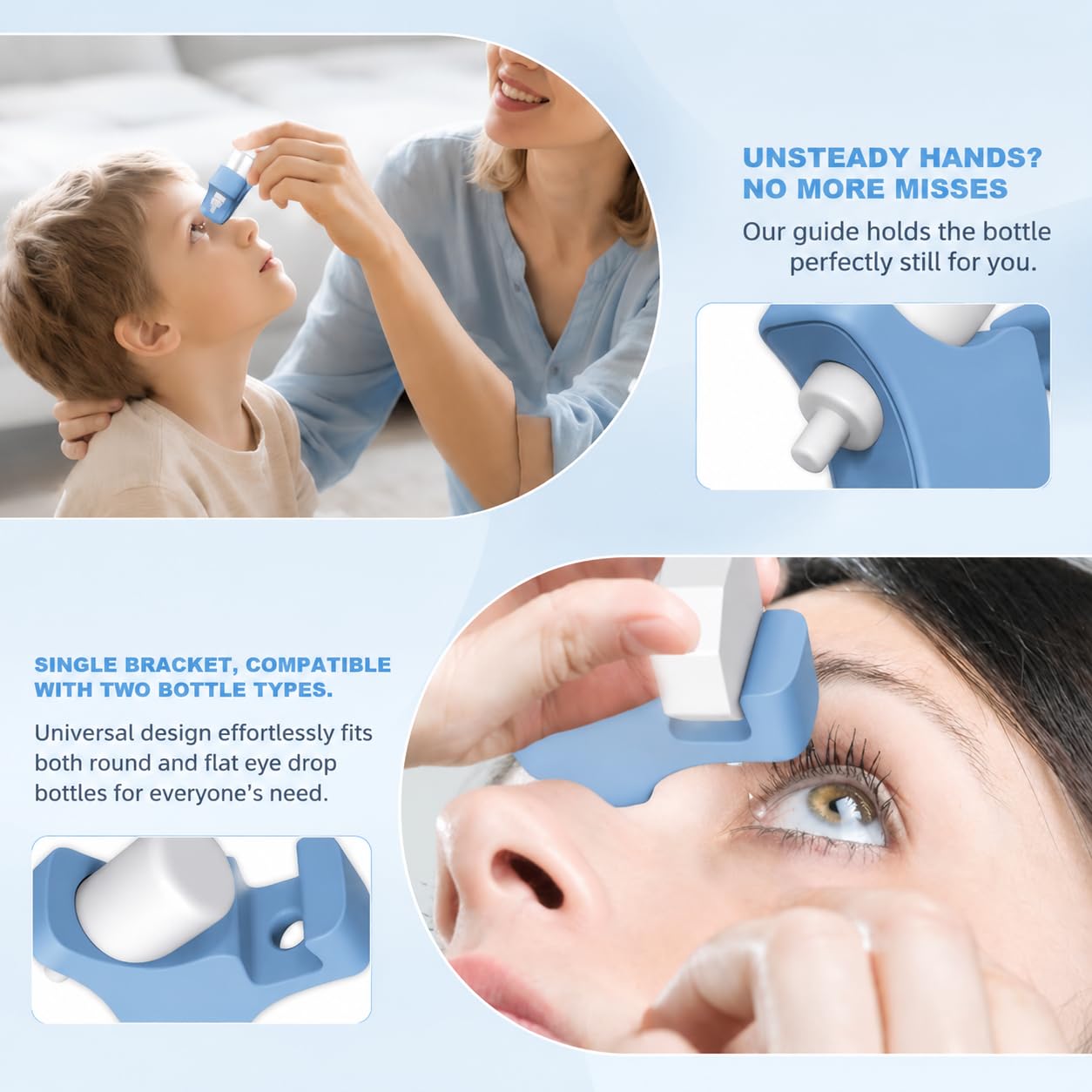 An elderly person easily using the steady eye drop helper for precise alignment.