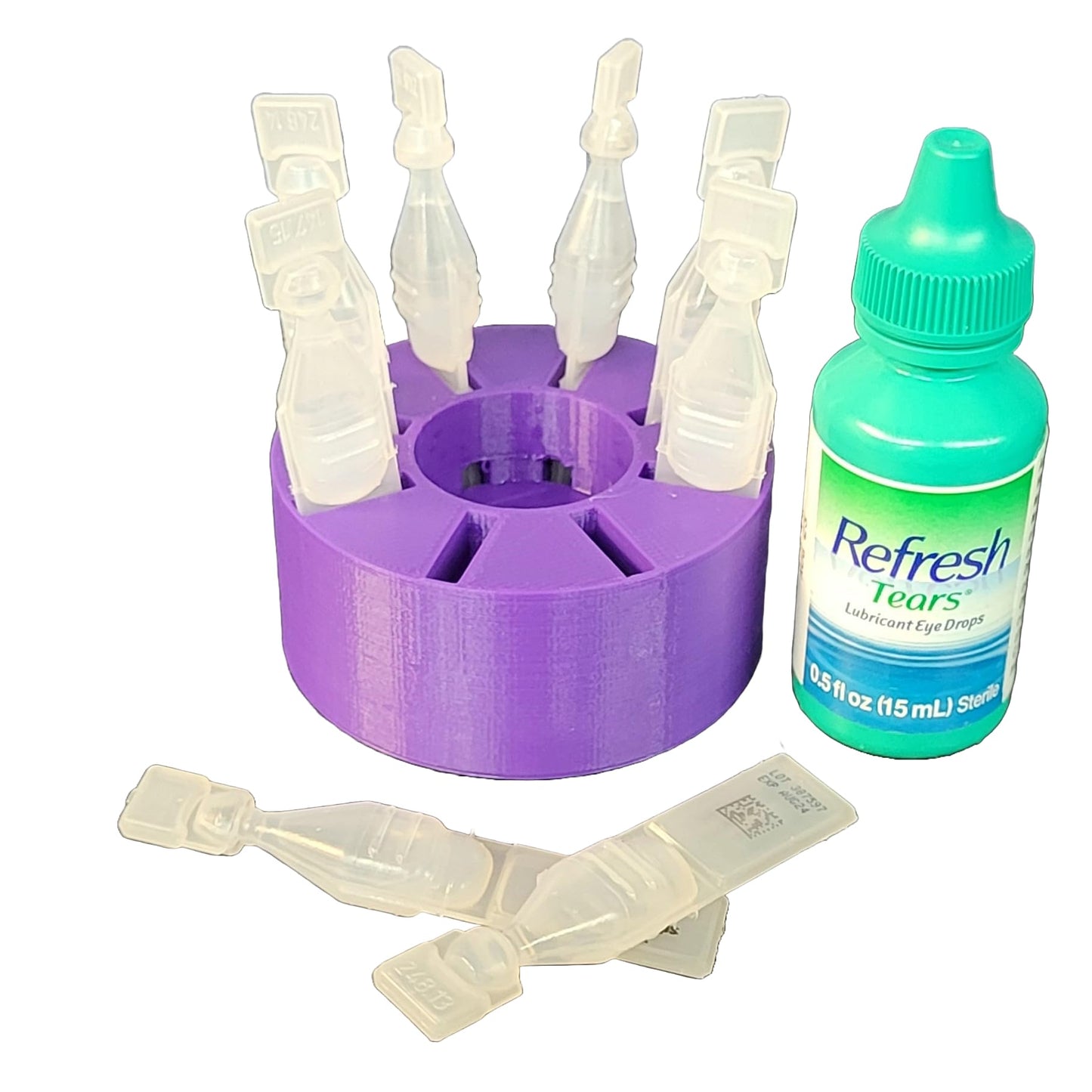 Znet3D purple plastic stand holding an ophthalmic bottle securely
