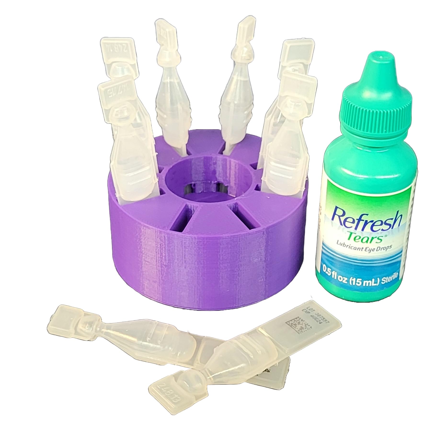 Znet3D purple plastic stand holding an ophthalmic bottle securely