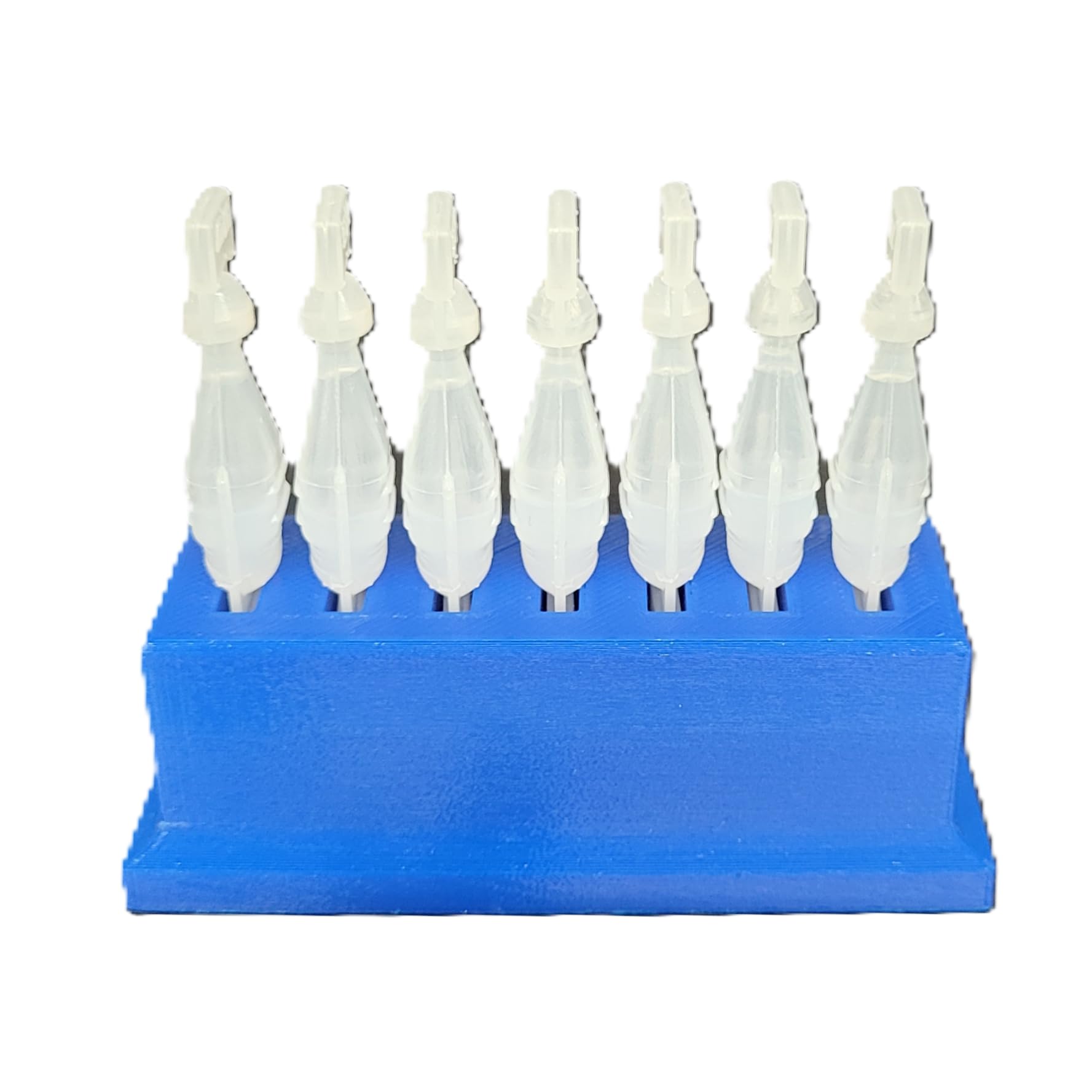 Blue Znet3D single use eye drop organizer holding multiple medication vials on a countertop