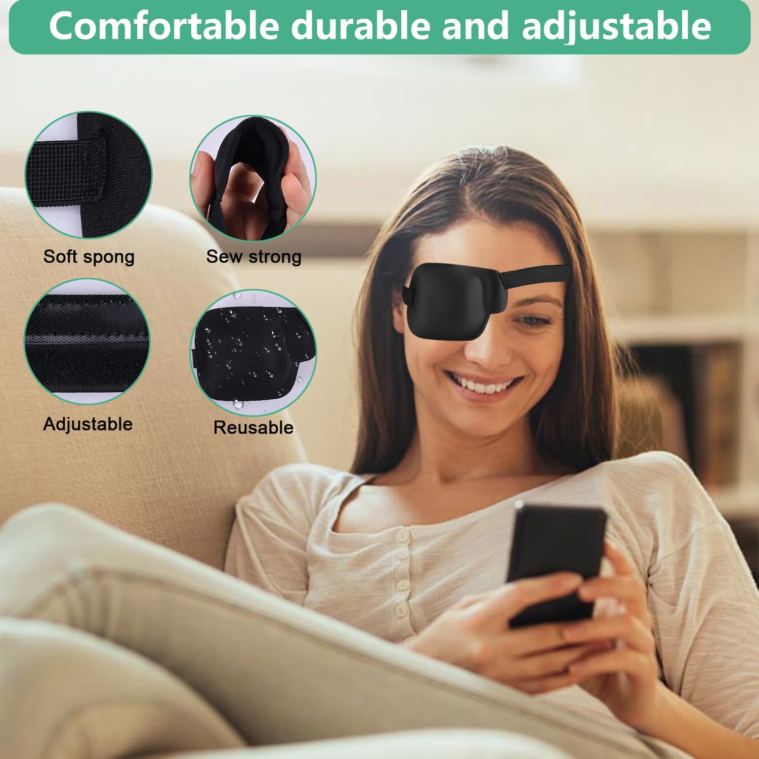 AMZVIO medical eyepatch displaying the wide adjustable headband strap close up