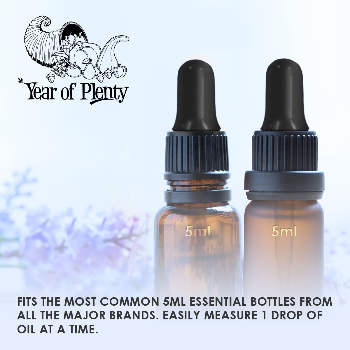 A tight leak proof seal demonstration of the Year of Plenty cap attached to a small amber vial.