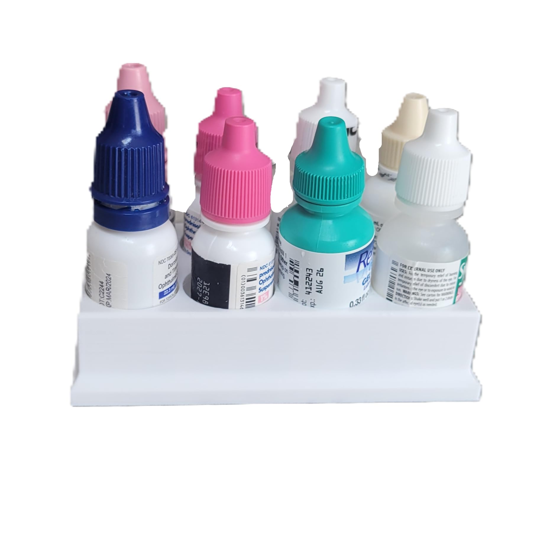 Top down perspective of the white 8-slot eye care holder setup