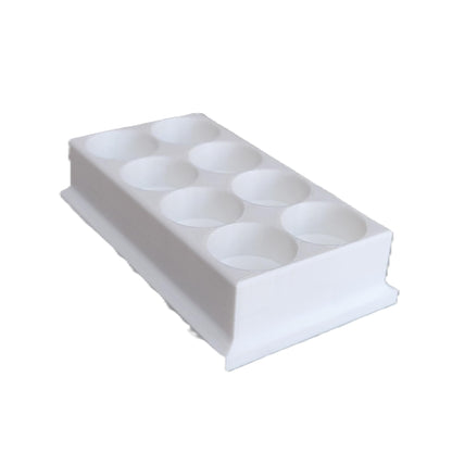 White 8-slot medical vial and drop bottle holder showing empty slots