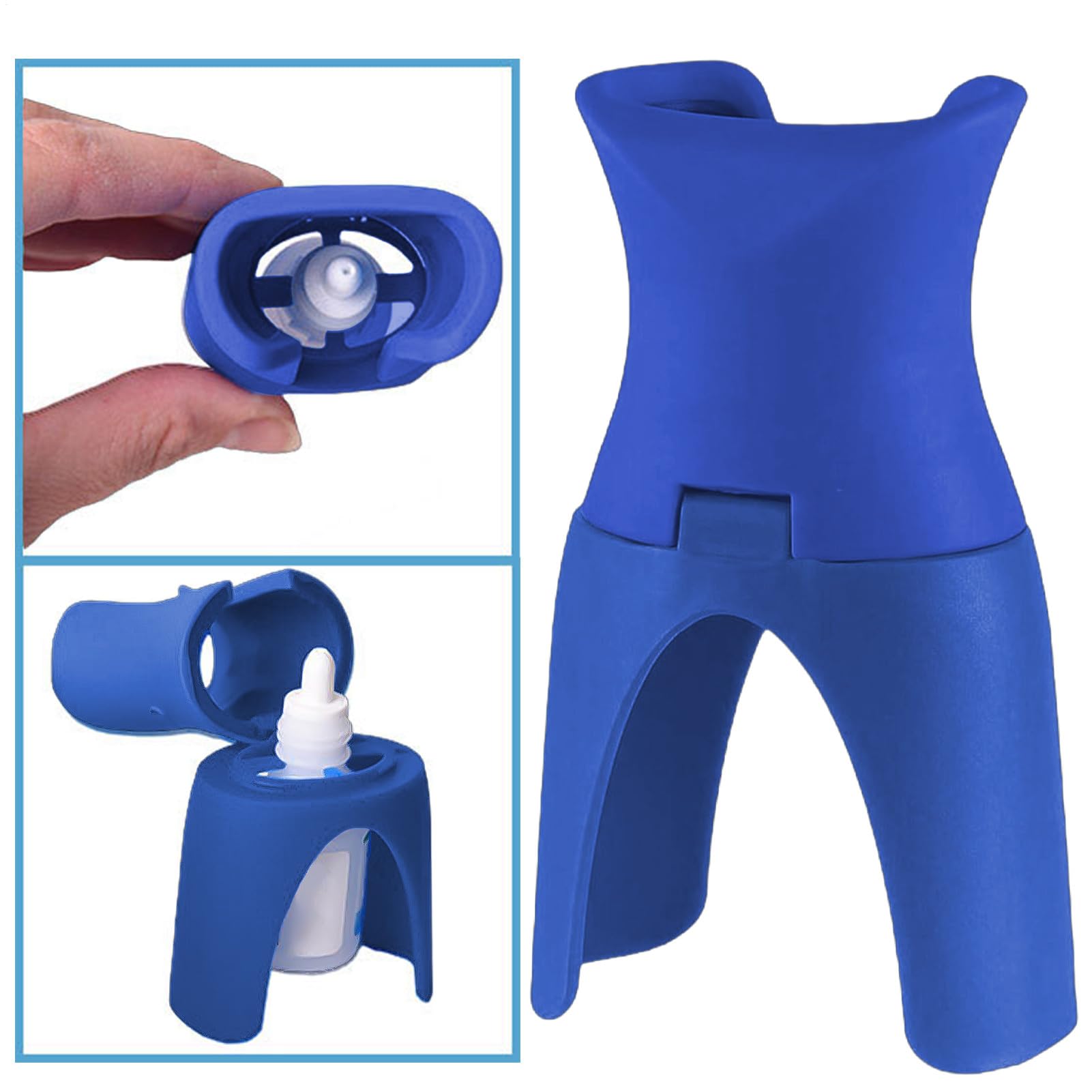 Blue EziDrops applicator device positioning on standard nozzle bottle