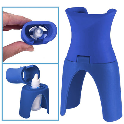 Blue EziDrops applicator device positioning on standard nozzle bottle