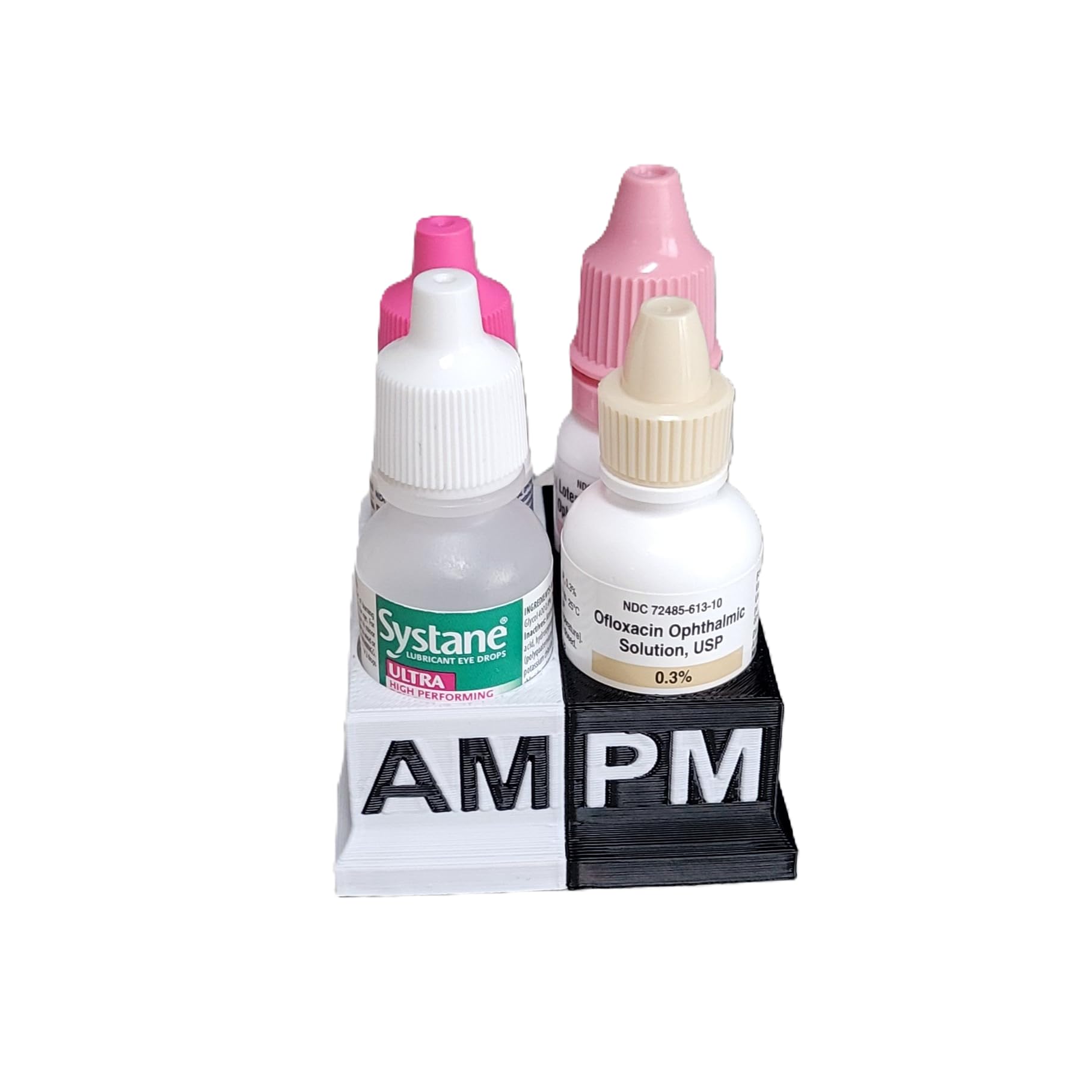 Znet3D eye drop holder with morning and evening labeled slots in white and black