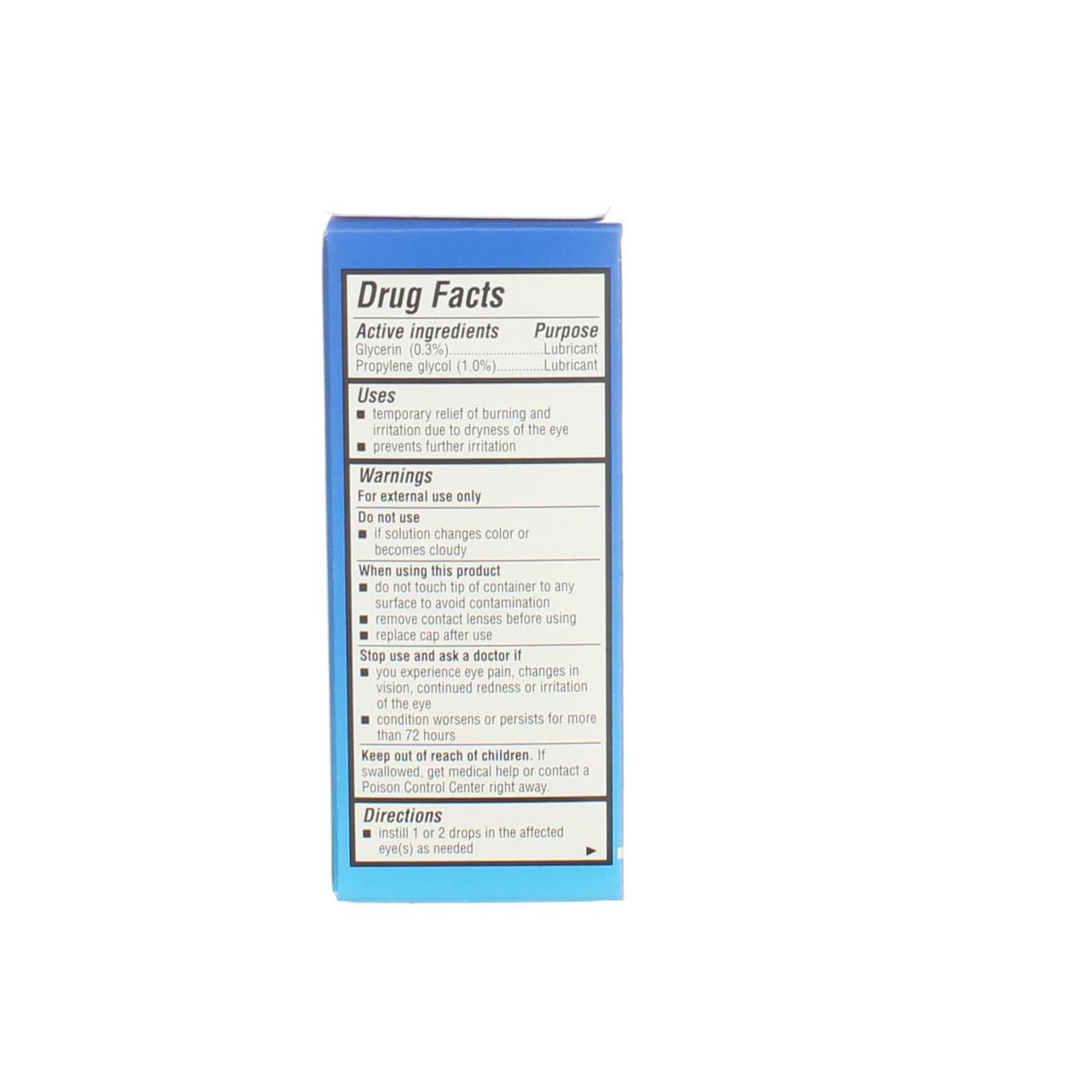 Back label of Bausch and Lomb advanced dry eye relief showing ingredient list