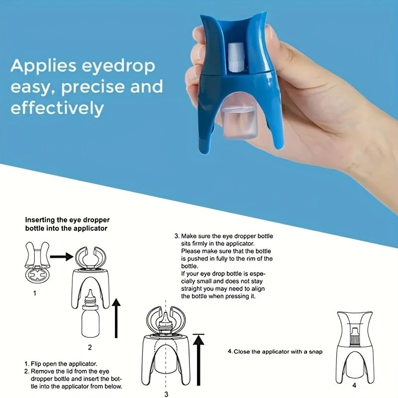 FUPUAII portable eye drop helper being positioned over the eye area to demonstrate how it holds the eyelid open.