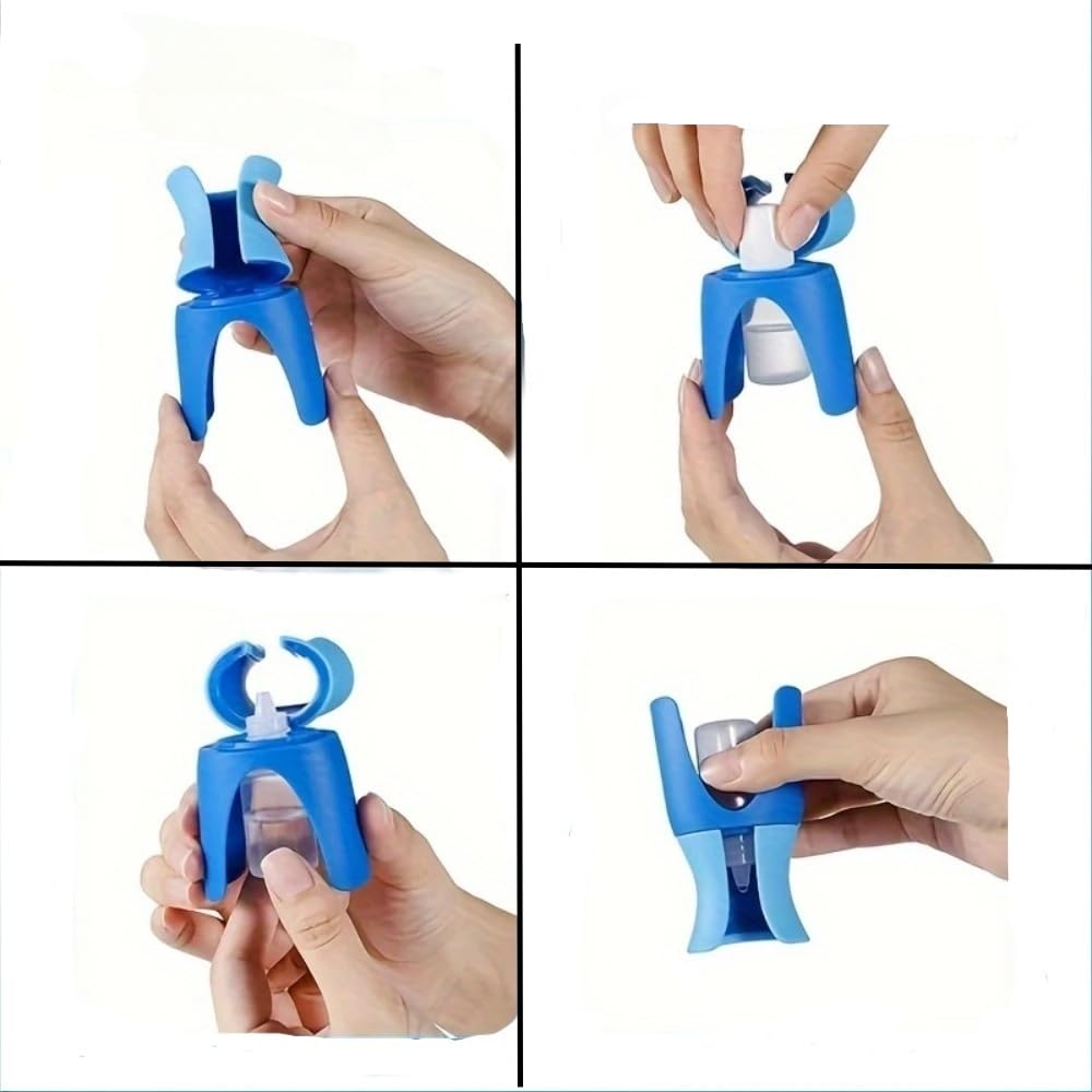 FUPUAII easy grip eye drop bottle dispenser showcasing its compact travel friendly size next to a pocket.