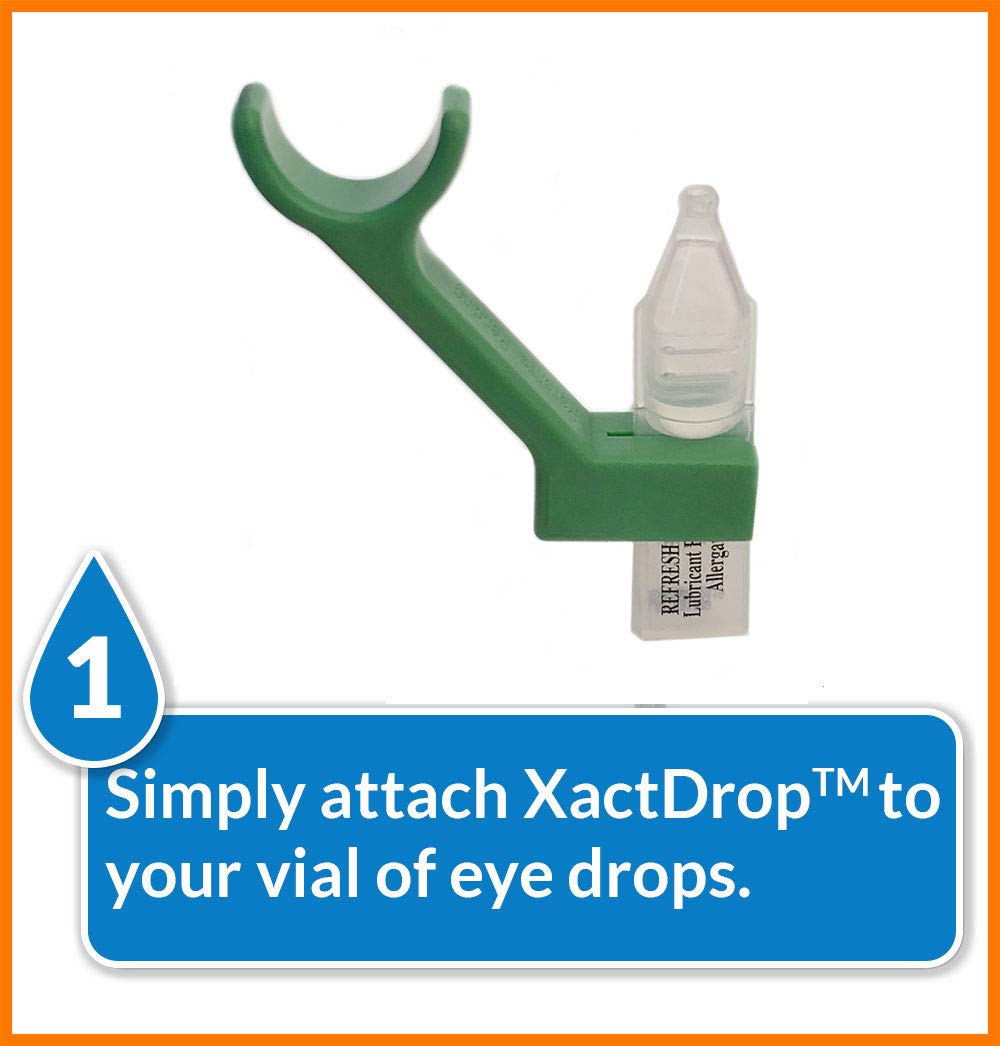 Ophthalmologist designed eye drop helper holding a disposable vial close up view