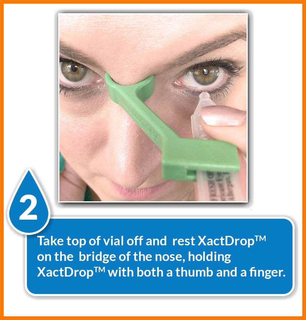 Two pieces of green XactDrop reusable eye drop guides displayed next to travel pouch