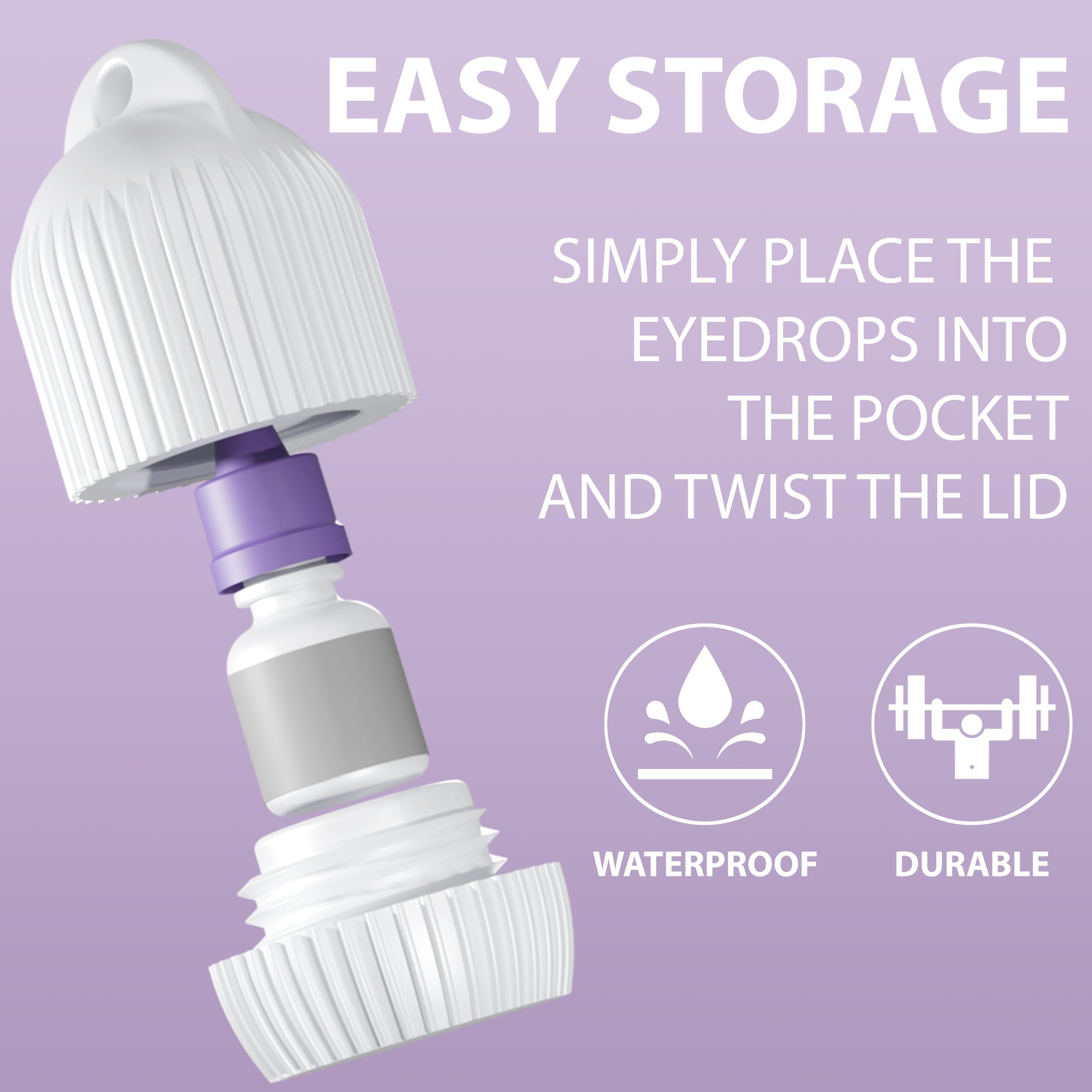 White hard shell eye drop travel container with attached metal carabiner key ring for bags