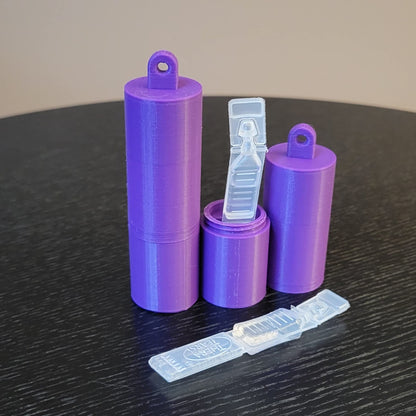 Purple 3D printed single use eye drop vial carrier with keychain loop