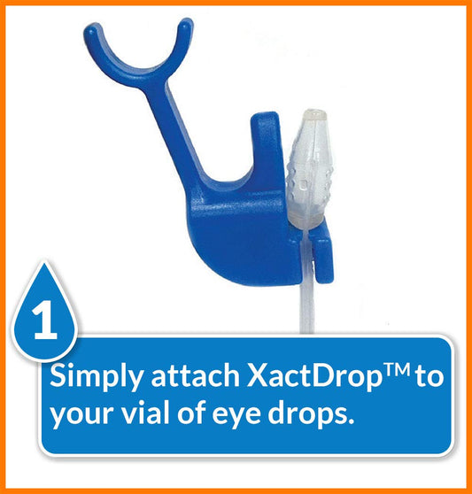 XactDrop single-dose eyedrop applicator side angle demonstrating the ergonomic eye guide rim.