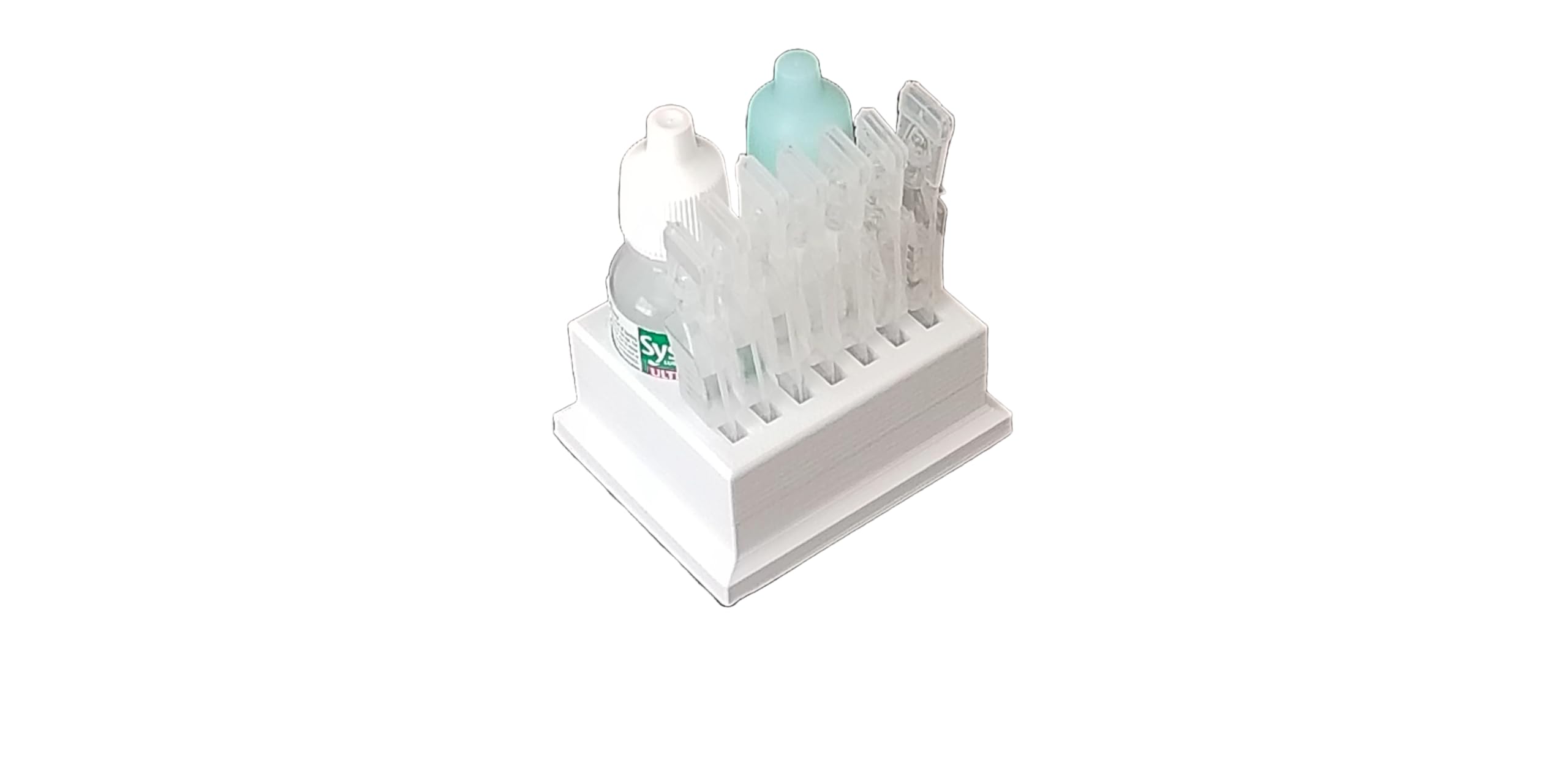 Top angle view of Znet3D 3D printed plastic eye drop storage solution for weekly dosage tracking