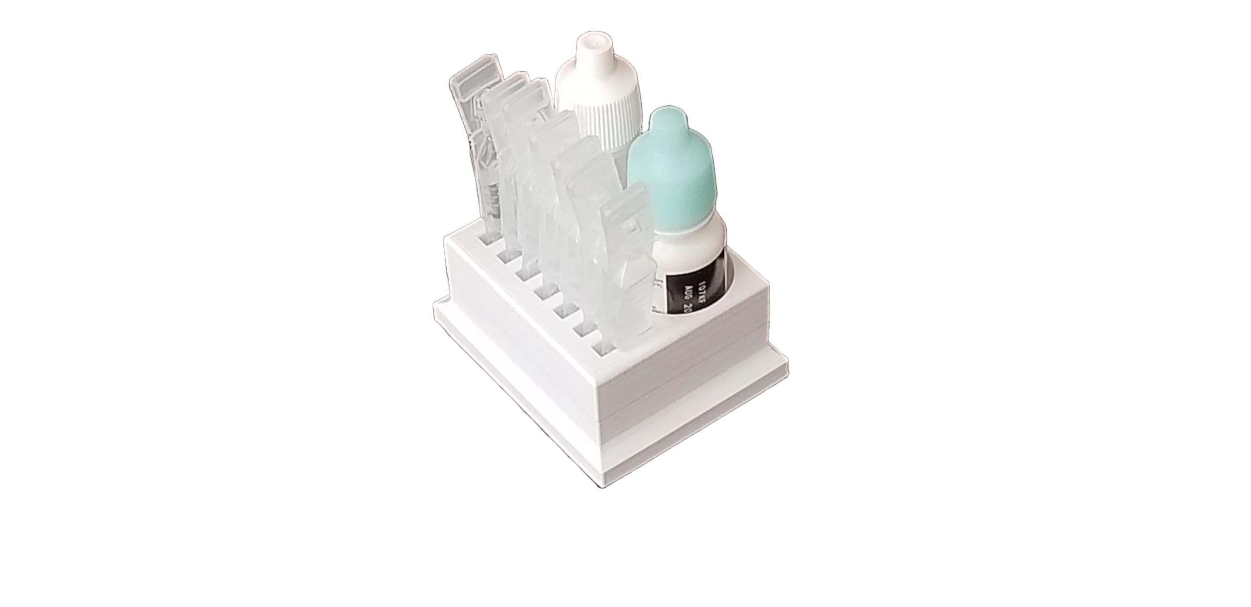 Compact purple Znet3D medical vial stand placed inside a refrigerator door shelf for chilled drops