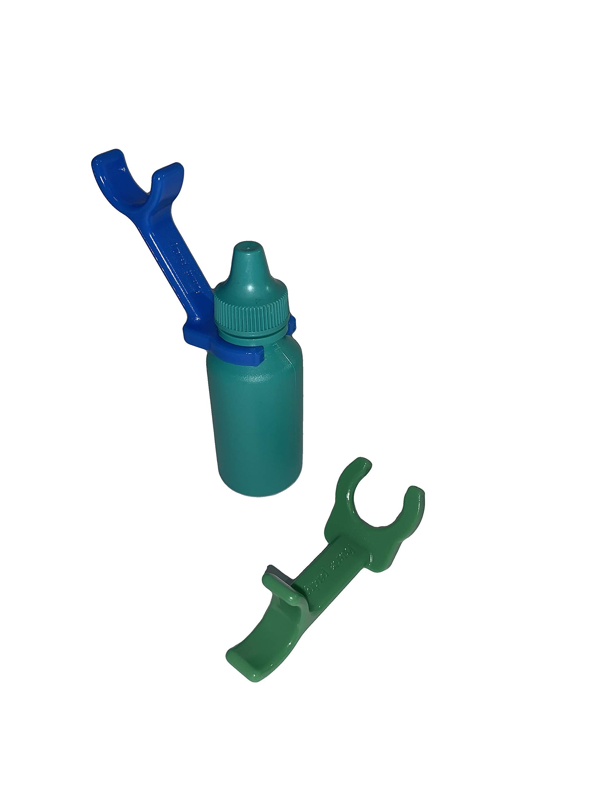 XactDrop eye drop dispenser guide attached to a standard medicine bottle