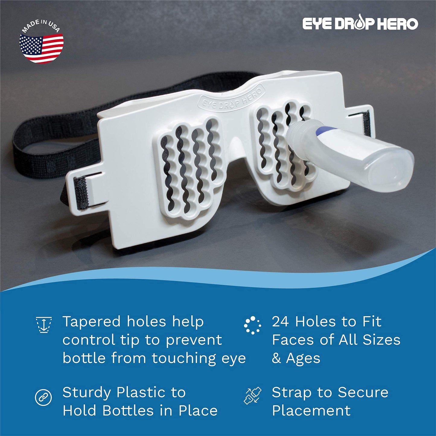Eye Drop Hero device resting on a flat surface highlighting the twenty four universal bottle positioning slots.