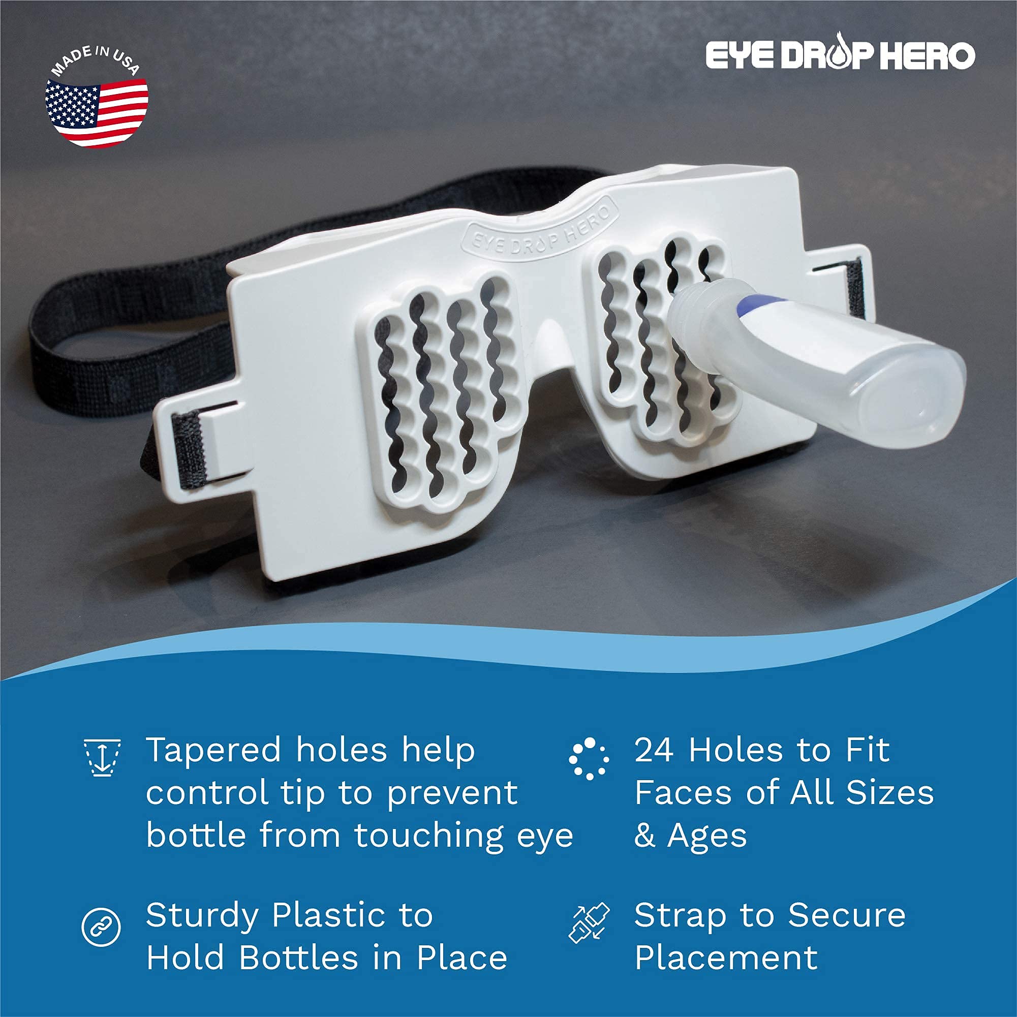 Eye Drop Hero device resting on a flat surface highlighting the twenty four universal bottle positioning slots.