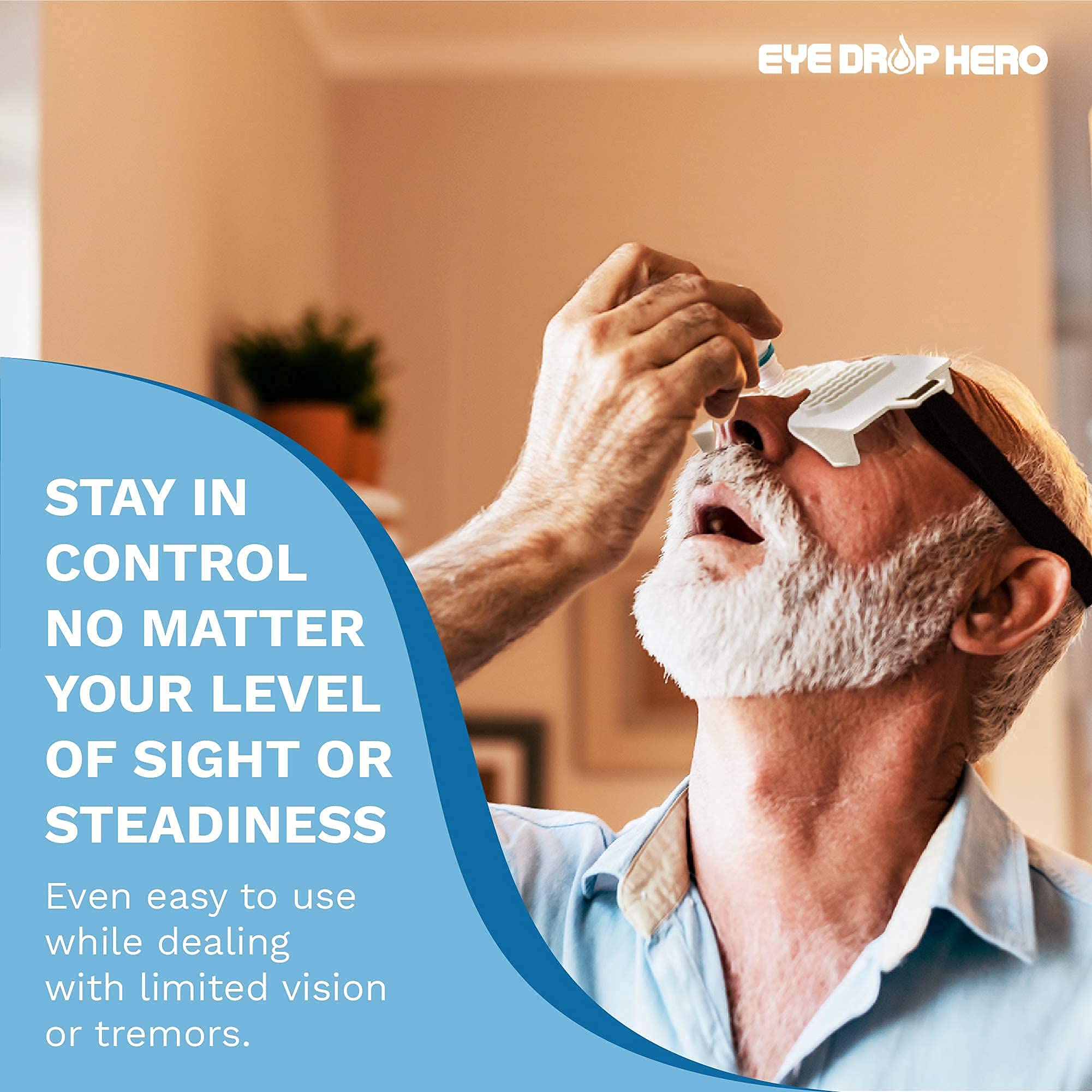 Hands free eye drop holder showing the comfortable nose bridge and cheek stabilization pads for safety.