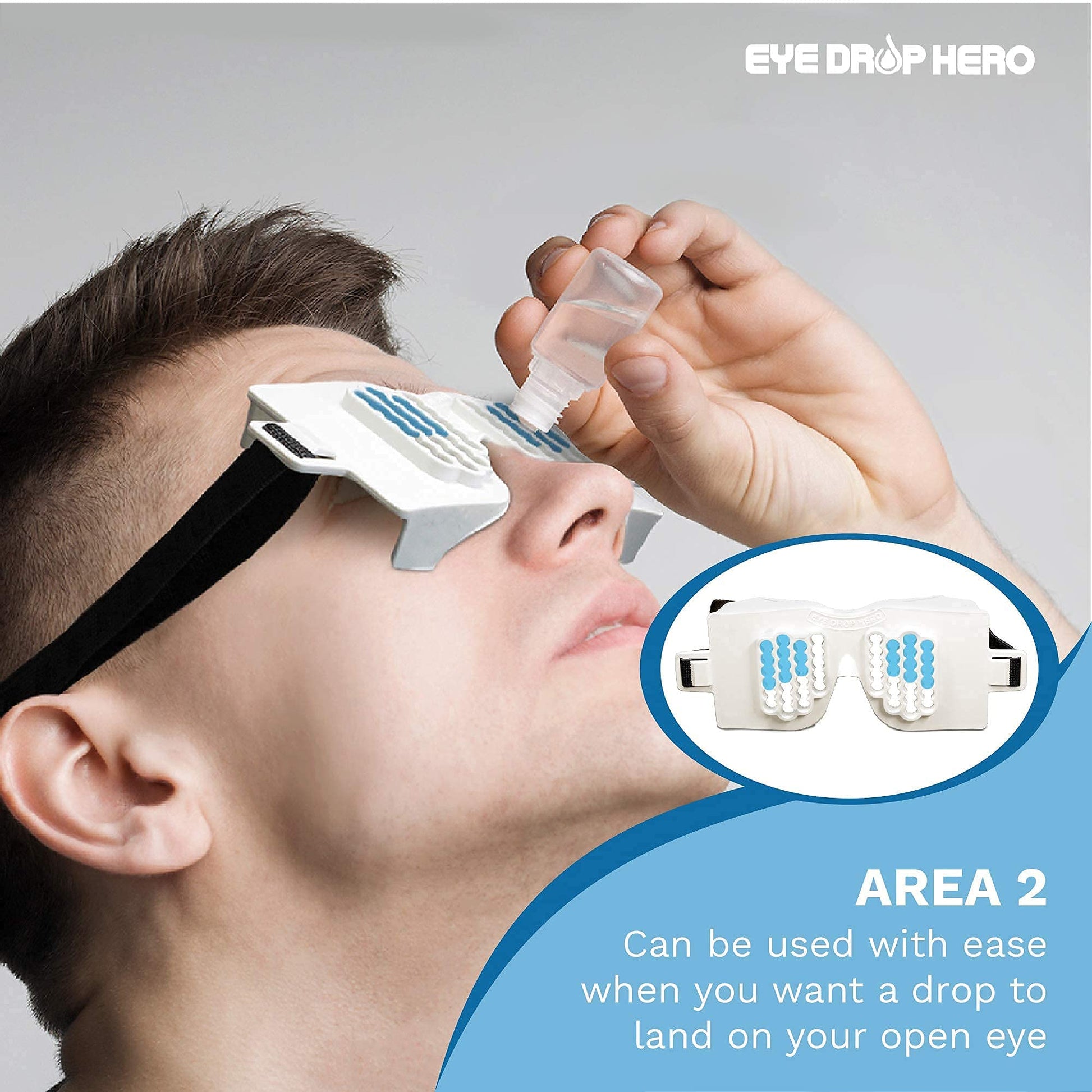 Premium imported eye drop dispenser mask being prepared for independent application by an elderly user.