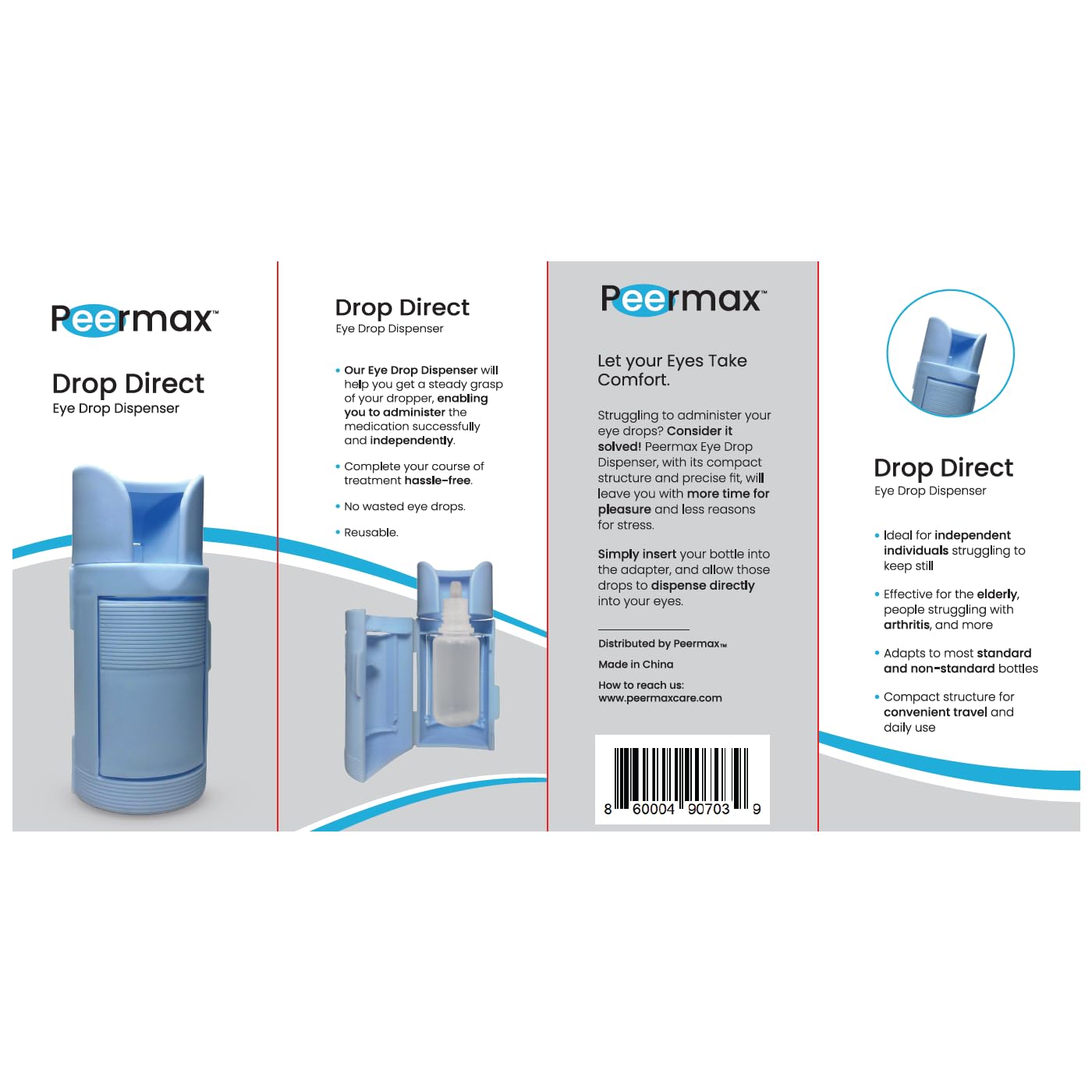 Peermax eye drop helper being placed over an eye for targeted application