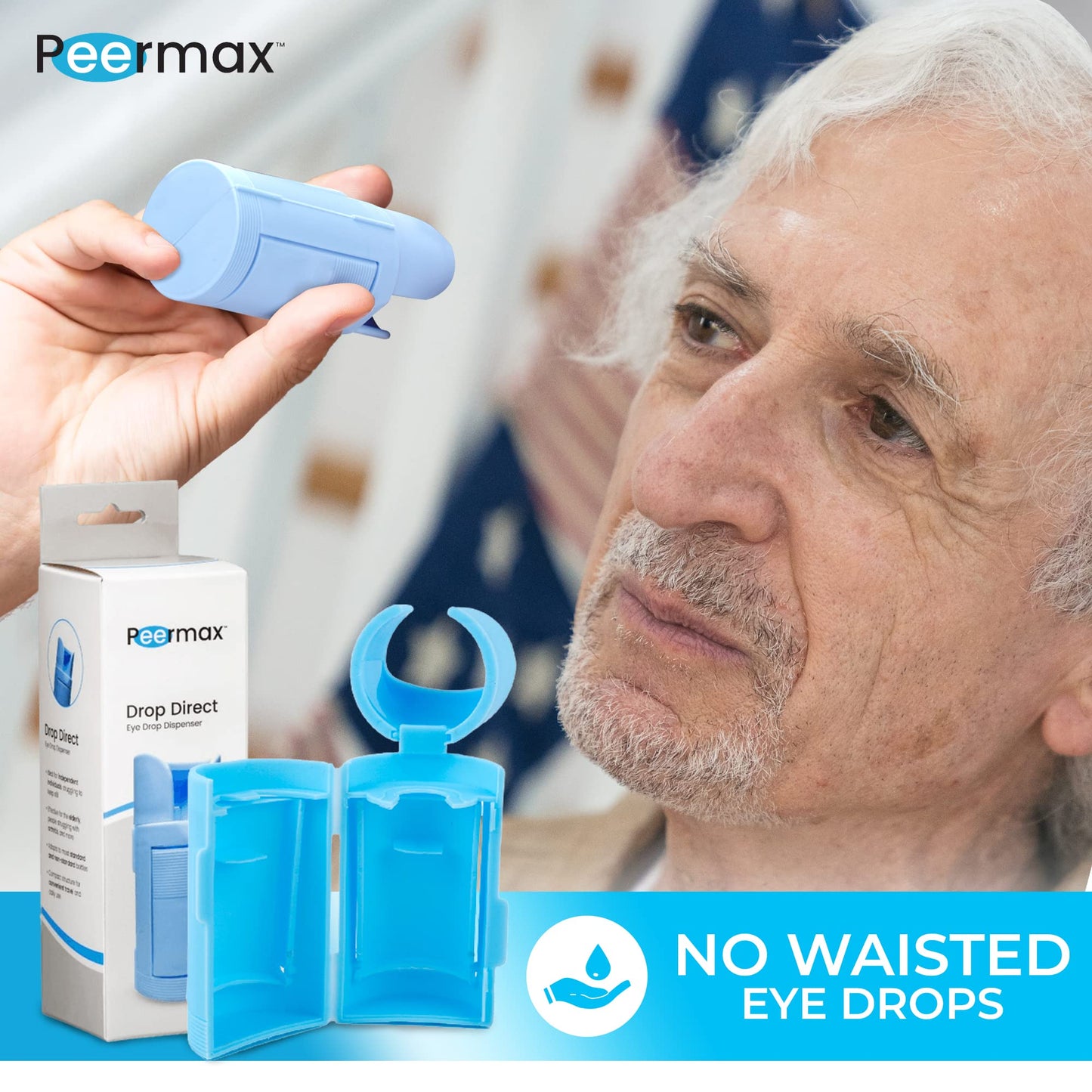 Peermax blue anti-blinking eye drop guide resting on cheekbone