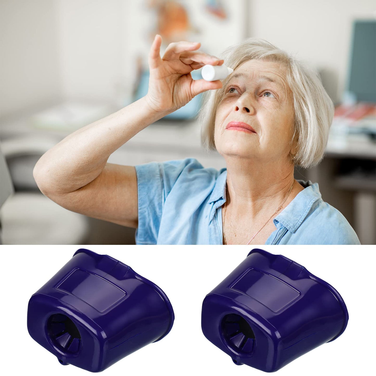 Complete packaging view of the Jutom blue eye drop assist device helper showing the two reusable units included