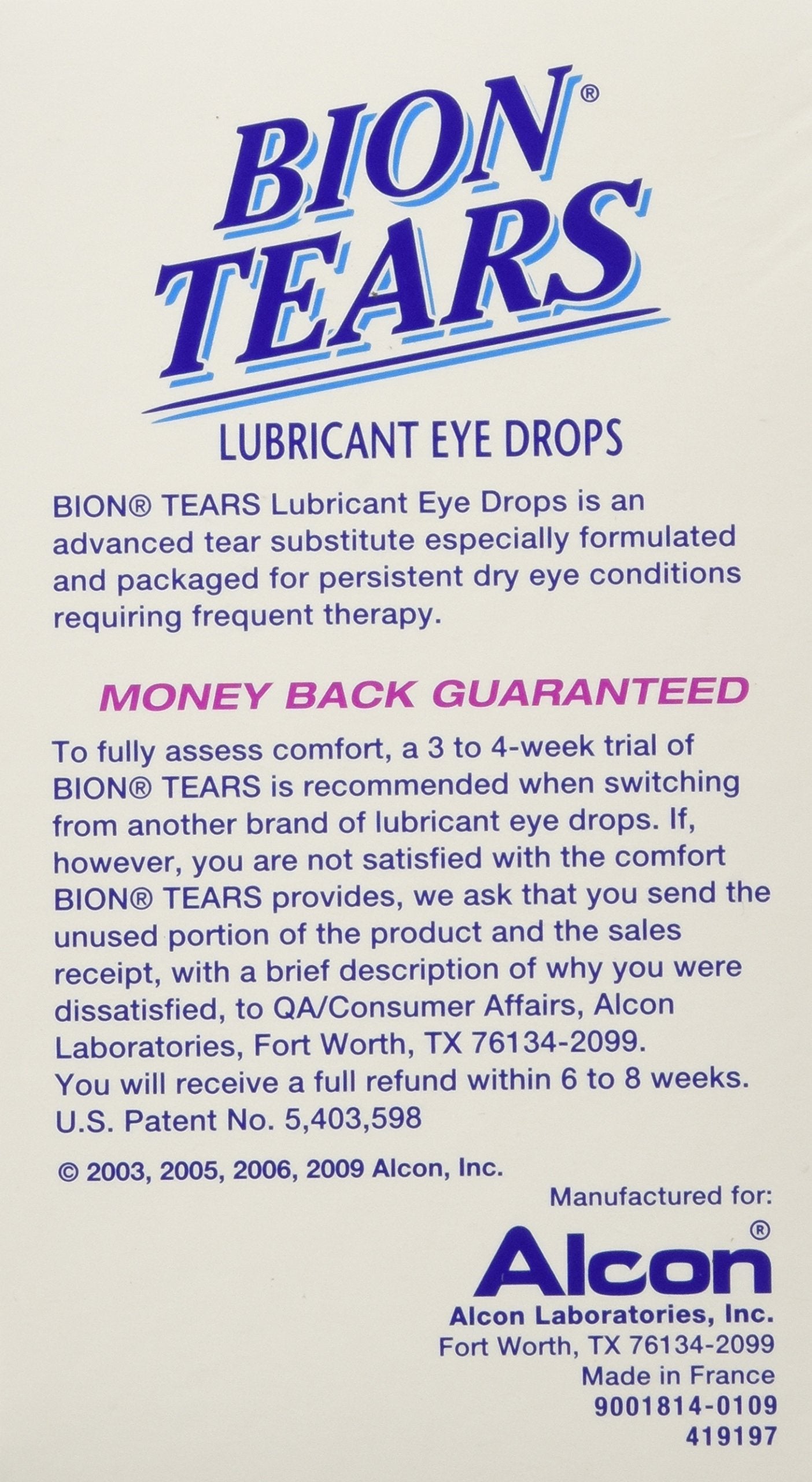 Alcon Bion Tears 28 single use vials dry eye relief box details