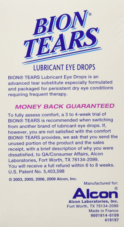 Alcon Bion Tears 28 single use vials dry eye relief box details